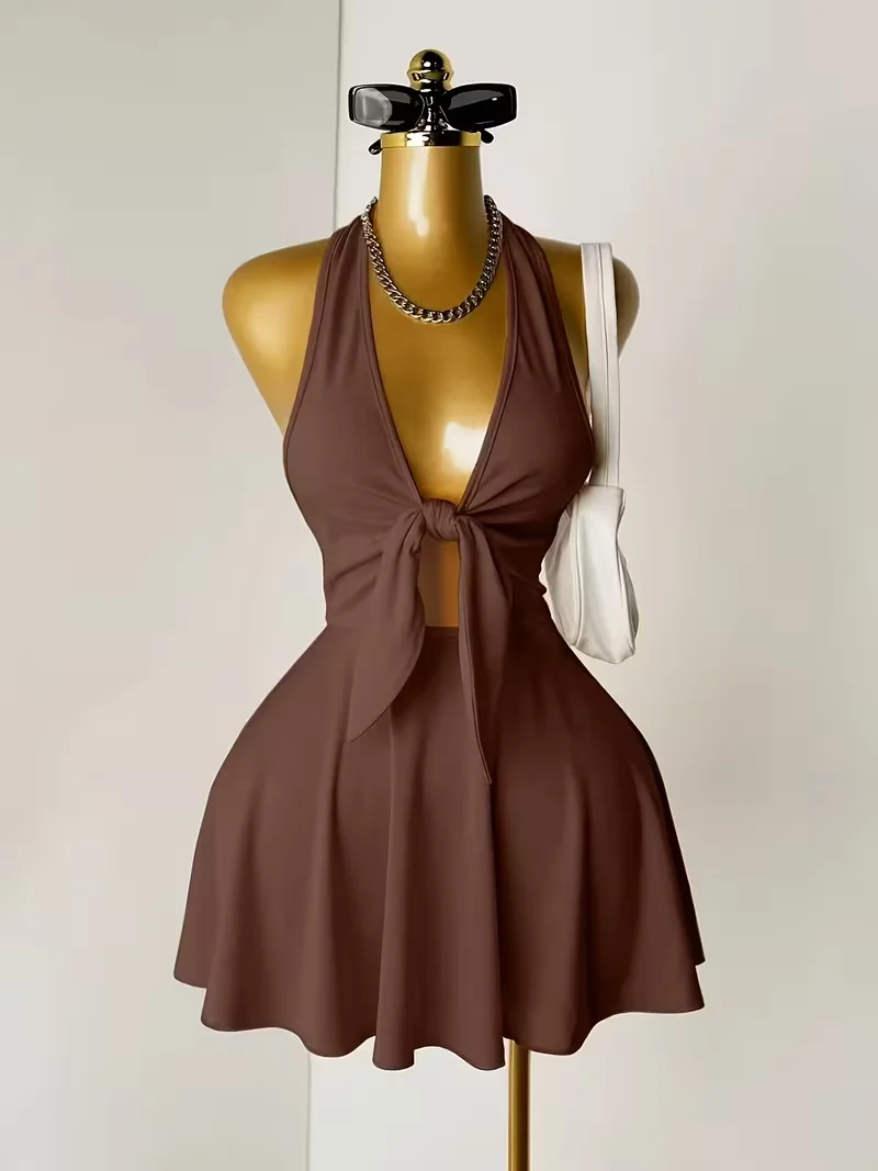 Women Halter Deep V Front Tie Cut Out Mini Dress 2026 Summer Y2K Night Club Party Flare Skirt Dresses