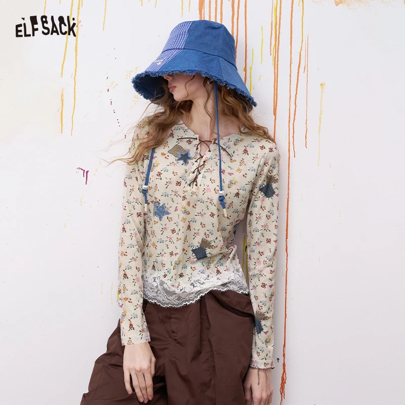 

ELFSACK Cottagecore Floral Print Long Sleeve T-Shirt with Drawstring Neckline, Elegant Patchwork Top with Lace Hem, Casual Tee