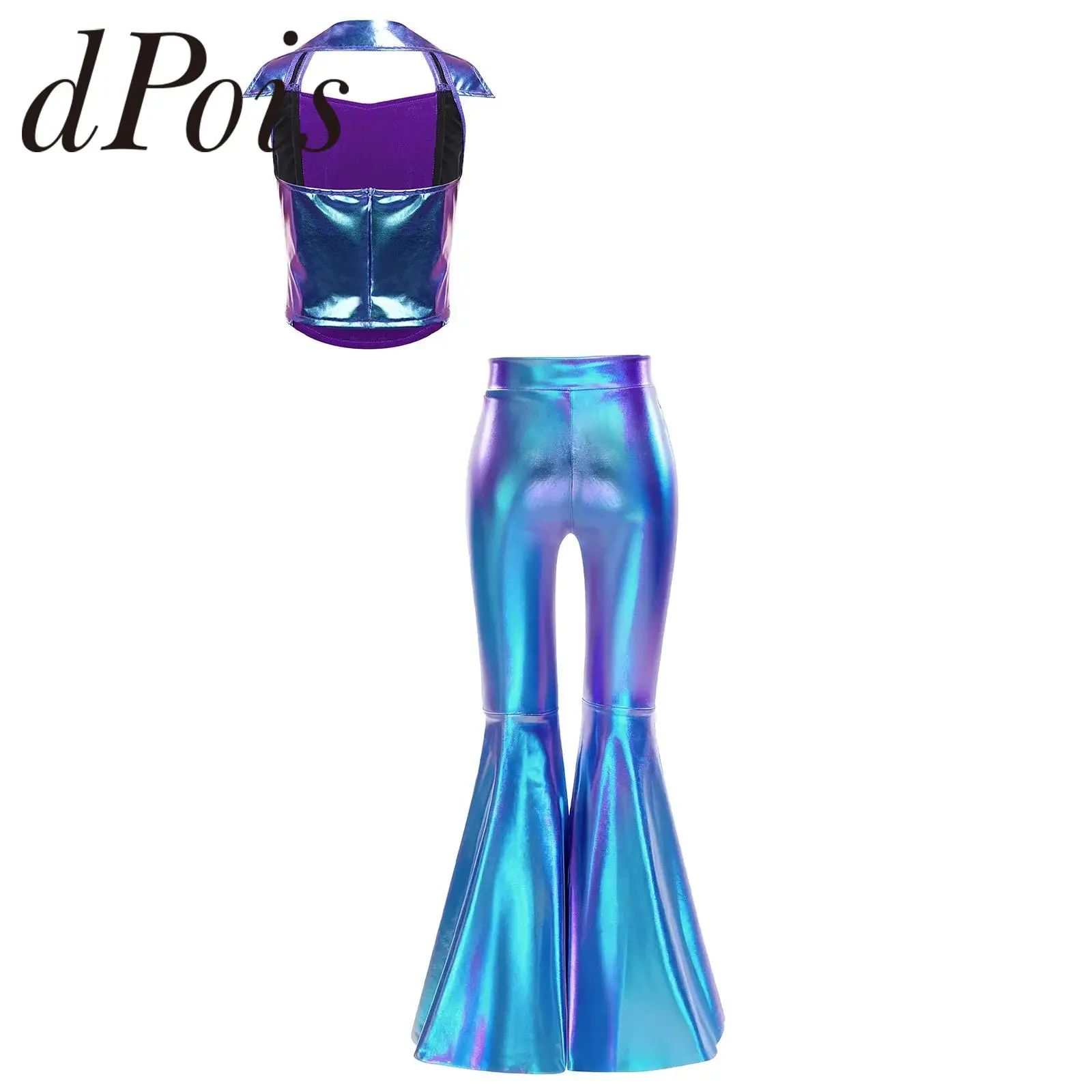 Child Shiny Disco Outfit Party Clothes Kids Girls Metallic Stage Performance Costume Sequins Bell-bottom Flared Pants Suits