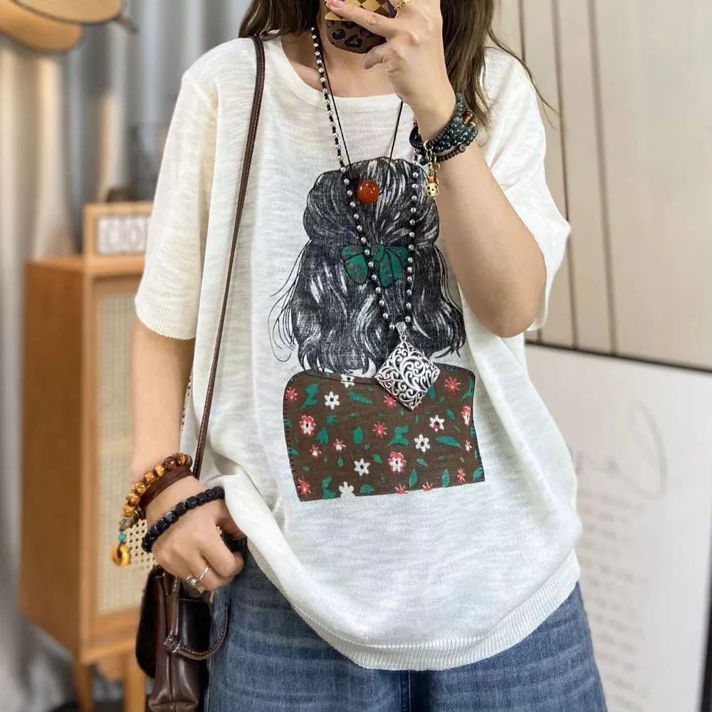 Women\'s short sleeve shirt harajuku fashion girls pattern knitted tee women pullover knitwear korean style women clothing