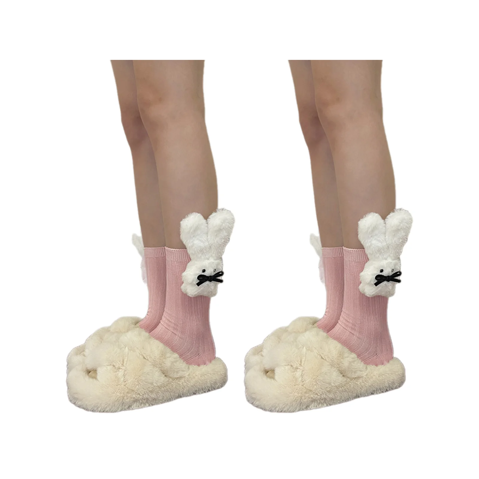 Big-eared plush rabbit flocked bow pile socks 6-color combination pack (pink/black/light gray/apricot/chestnut/dark gray)