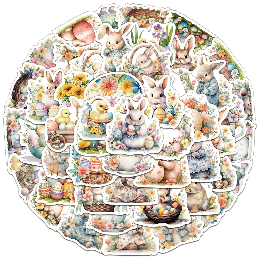 10/30/50pcs Cute Aesthetic Easter Day Cartoon Stickers Kawaii Rabbits and Eggs Decals Phone Luggage Suitcase Waterproof Sticker