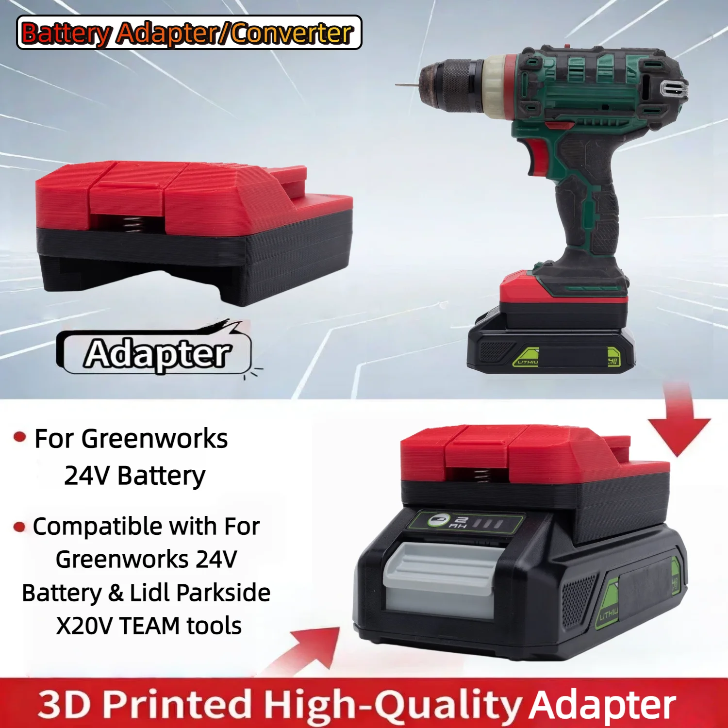 

Адаптер/конвертер для аккумуляторов Greenworks 24V Series Li-ion, совместимый с аккумуляторами Lidl Parkside X20V TEAM для беспроводных электроинструментов (только адаптер)