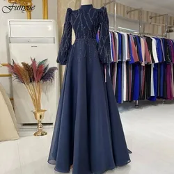 Funyue Elegant Long Sleeve Evening Gown Muslim Formal Dress Navy Blue A-Line Beaded Vestido De Formatura Prom Party Dresses