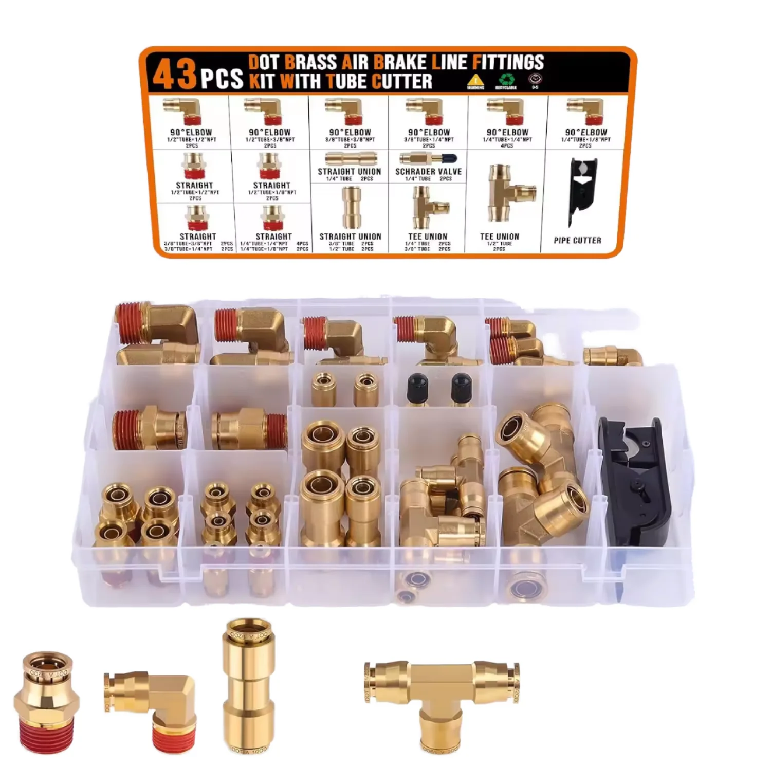 DOT SAE Adaptor Brass Fittings Smooth Surface Air Brake Push-to-Connect Hose NPT Female Thread Forged Construction Truck