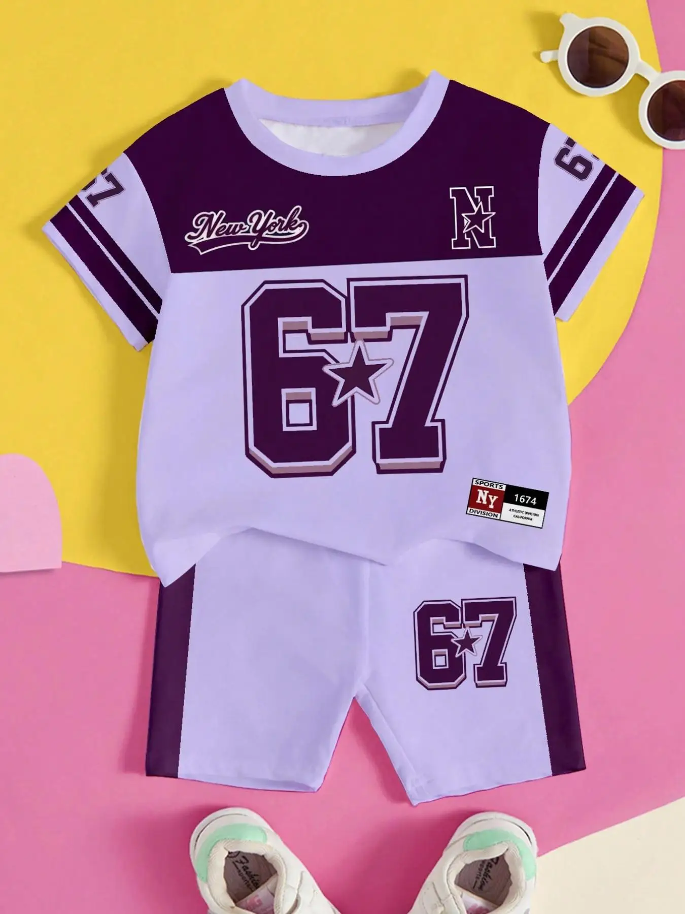 Girls' Summer Casual Outfit, Children's Purple Color-Blocking Set, Girls' Regular Short-Sleeve T-Shirt + Tight Shorts Casual Two-Piece Set, New York +67 Number Print Clothing