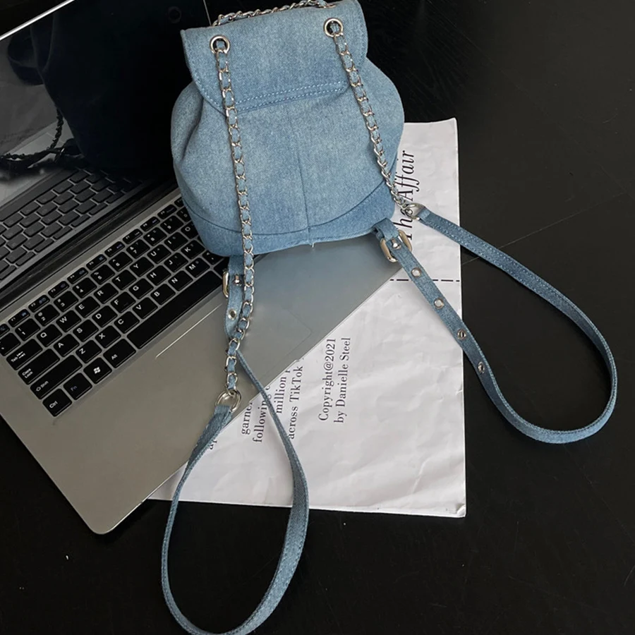 Women Korea autumn winter mini chains backpack female ins student denim blue shoulder bag travel bagpack girls rucksack mochila