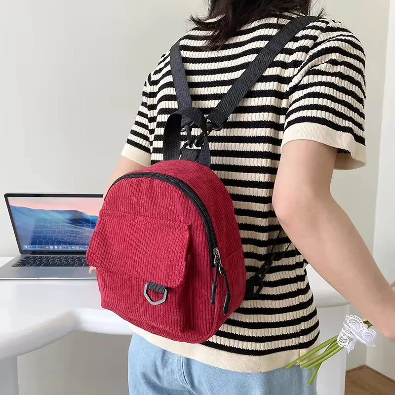 Fashion Women Mini Backpack Solid Color Corduroy Small Backpacks Simple Casual Student Bookbags Traveling Backpacks