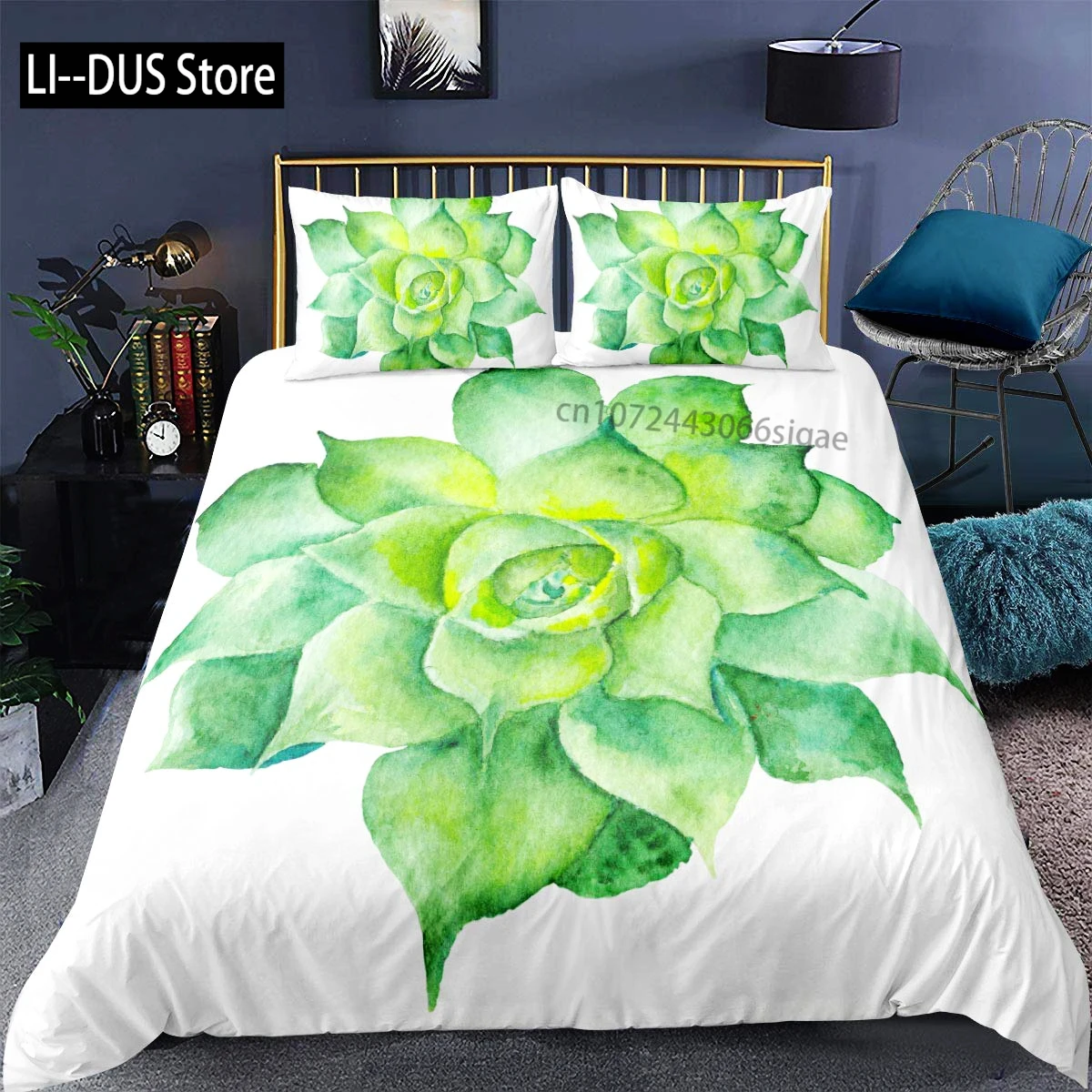 

Succulents Bedding Set, Green Plant Duvet Cover,Tropical Botanical Comforter Cover,Quilt Cover for Bedroom Decor, Full Size 3pcs