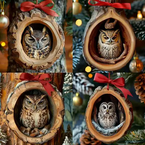 2D Cute Owl Christmas Ornament Animal Christmas Acrylic Pendant Hanging Gift Tree Tags Car Rearview Mirror Hanging Decoration