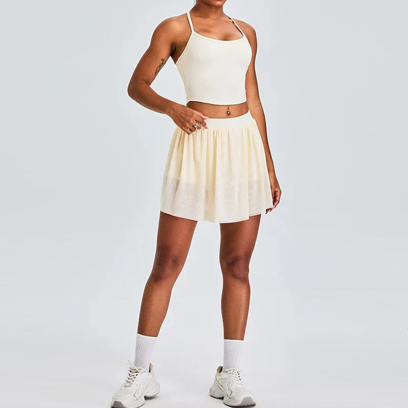 Abbigliamento sportivo da 2 pezzi Gonna corta sportiva per il tempo libero Set da yoga Gonna da tennis a pieghe in rete foderata con cintura da donna Tuta da fitness push up da corsa