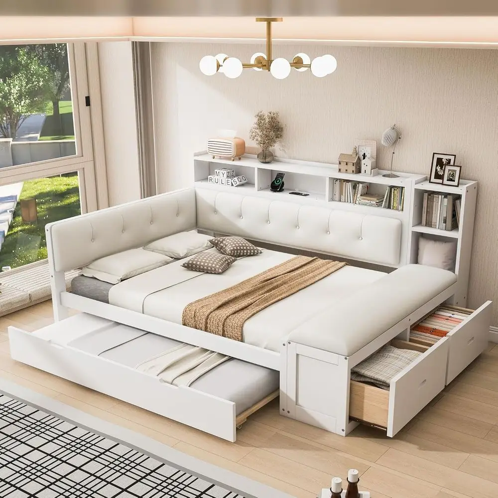 

L-Shaped Daybed with Trundle, Storage, Upholstered Seat, 2 Drawers, Bookcase, and USB Ports for Kids and Adults, White