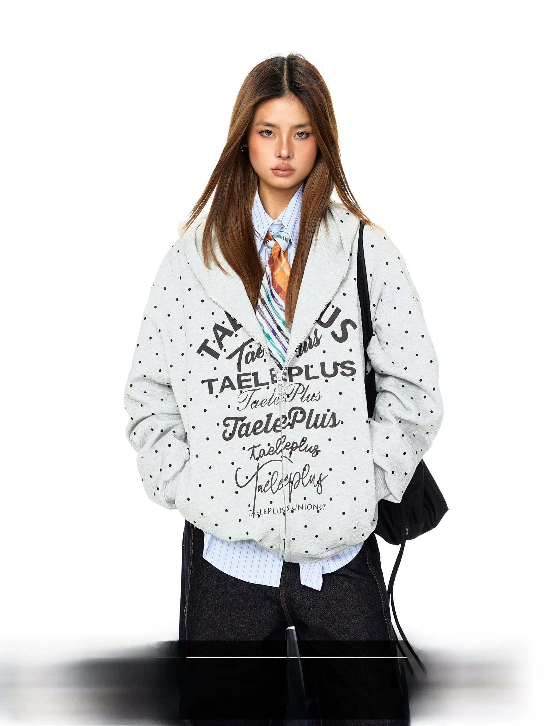 

American Style Polka Dot Print Hooded Open Cardigan Sweatshirt Women's Spring Autumn Loose Outerwear Casual Fashion Design