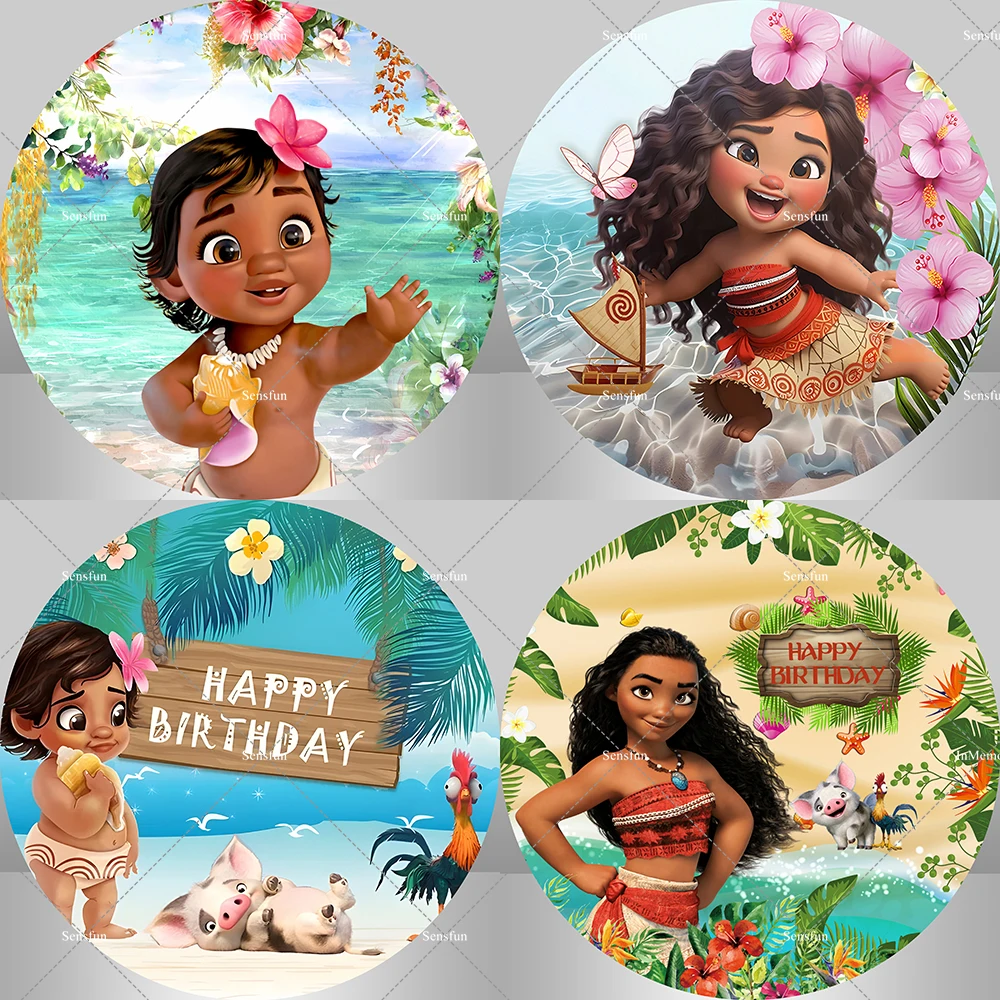 7 options Disney Moana Theme Round Backdrop Cover For Girls Baby Shower Summer Beach Birthday Party Backgrounds Customized