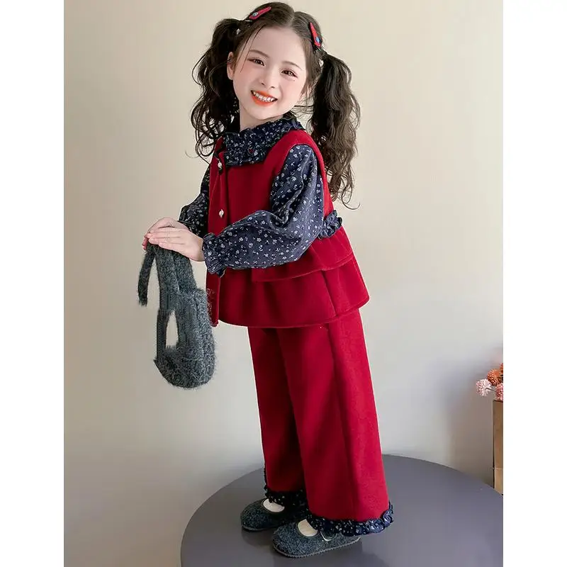 Spring Autumn new girls vest floral doll shirt straight leg pants set girls vest shirt wide leg pants stylish three piece set
