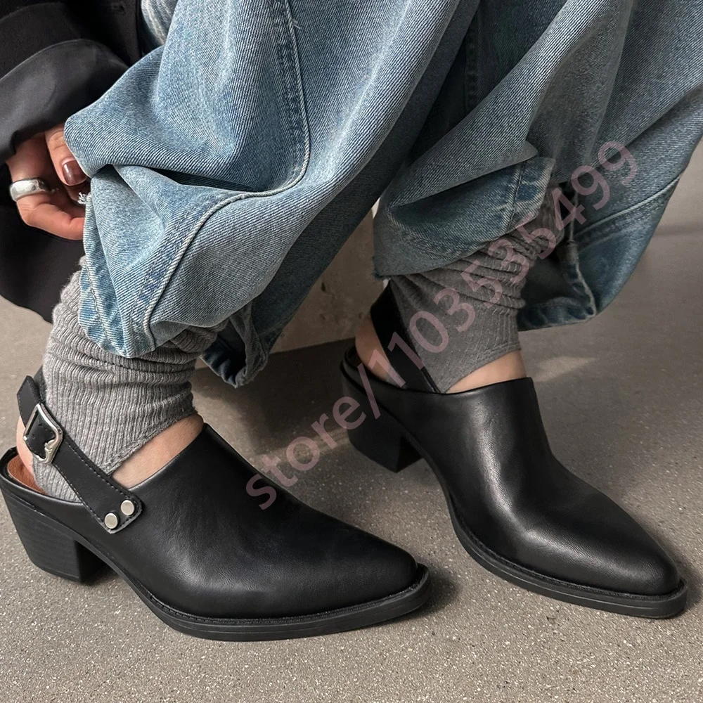 

Черные босоножки с острым носком на массивном каблуке с ремешком сзади, новинка Весна/Лето 2026, уличный стиль, женские повседневные мюли для улицы