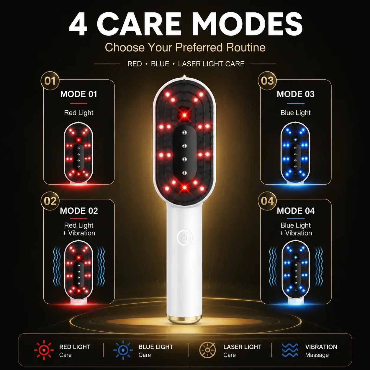 Scalp Massager Brush Red Blue Light Serum Applicator 4 Modes Vibration Massage Type-C Rechargeable Hair Care Combs for Men Women