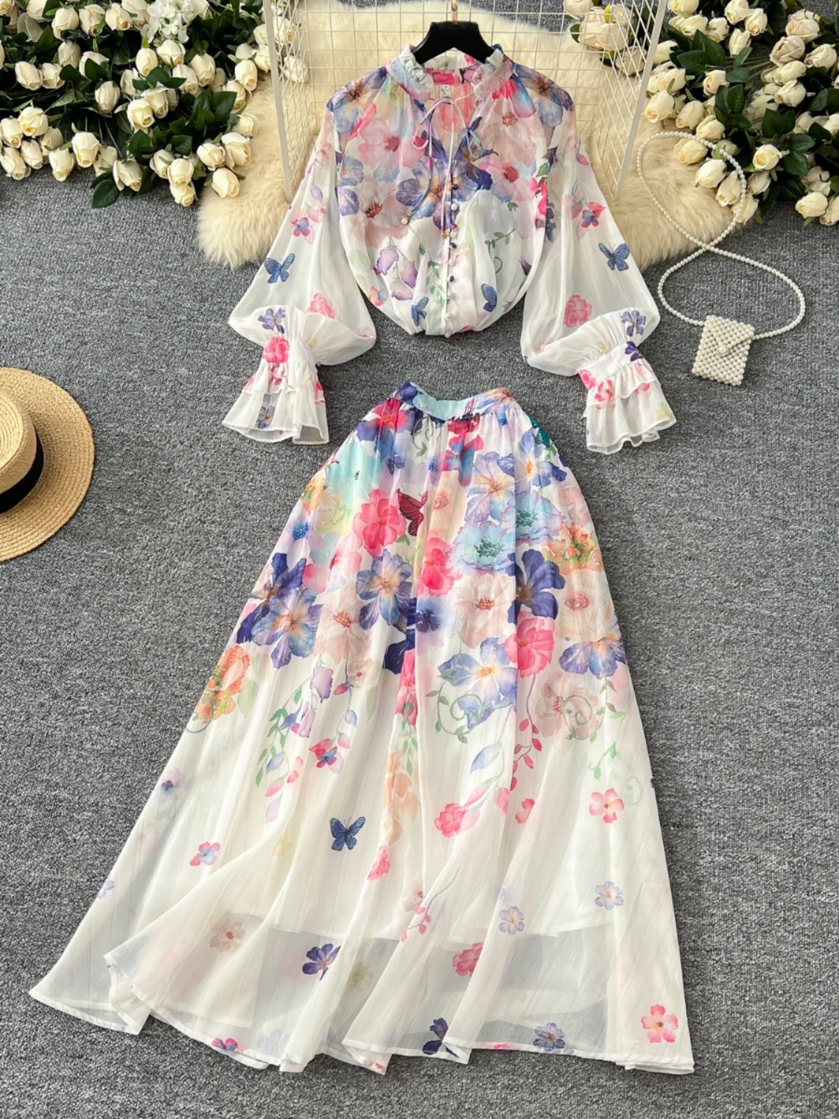 Ele Set top e gonna in chiffon con stampa lanterna a vita alta, completo da donna con orlo semicircolare Faion