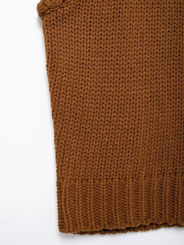 Willshela Women Fashion Brown Knitted Sweater Vest Vintage High Neck Sleeveless Female Chic Lady Tank Tops