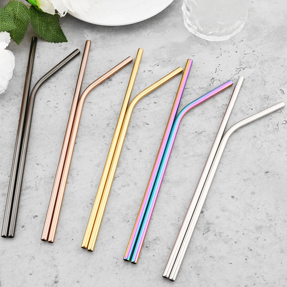 Gold Reusable Straw 304 Stainless Steel Sharp Straw Metal Drinking Straws with Cleaner Brush for Bubble Tea Smoothie Milkshake