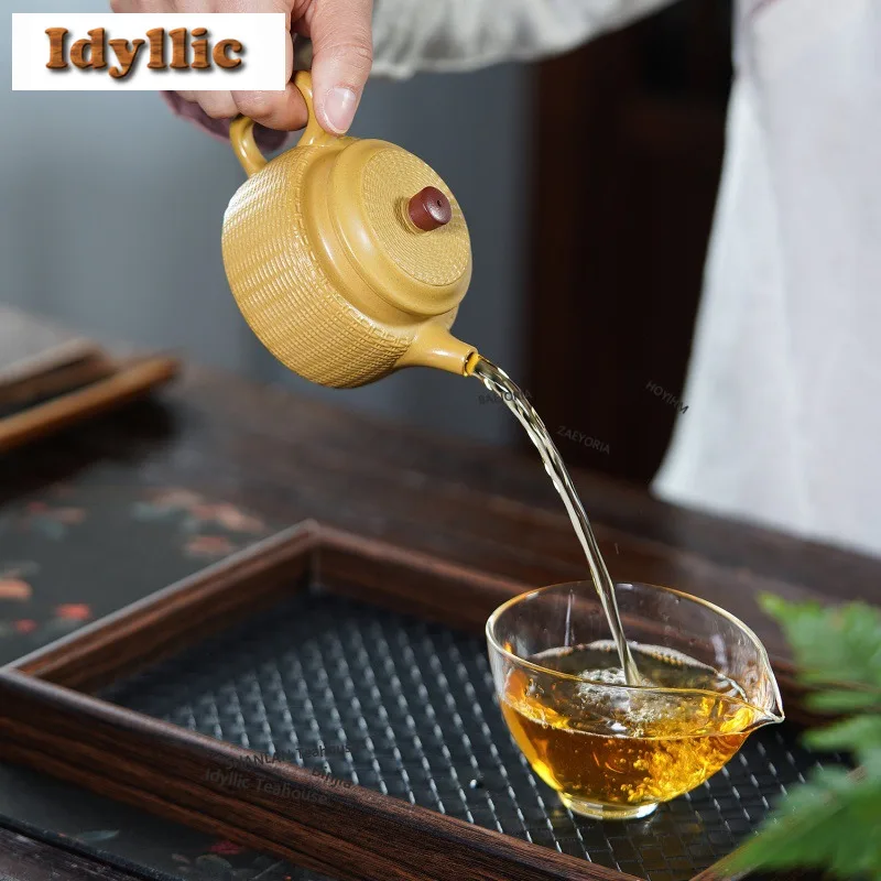 190ml Luxury Yixing Purple Clay Teapots Handmade Bamboo Weaving Dezhong Pot Raw Ore Yellow Section Mud Kettle Zisha Tea Set Gift
