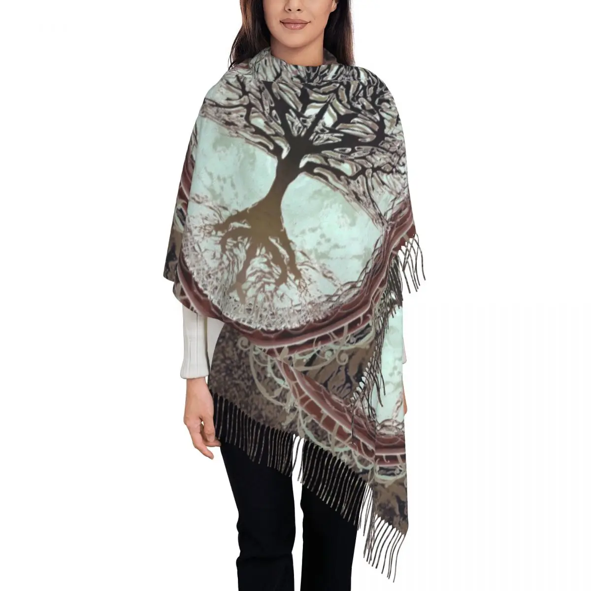 Tree Of Life Inner Peace Tassel Scarf Women Soft Norse Yggdrasil Shawl Wrap Female Winter Fall Scarves