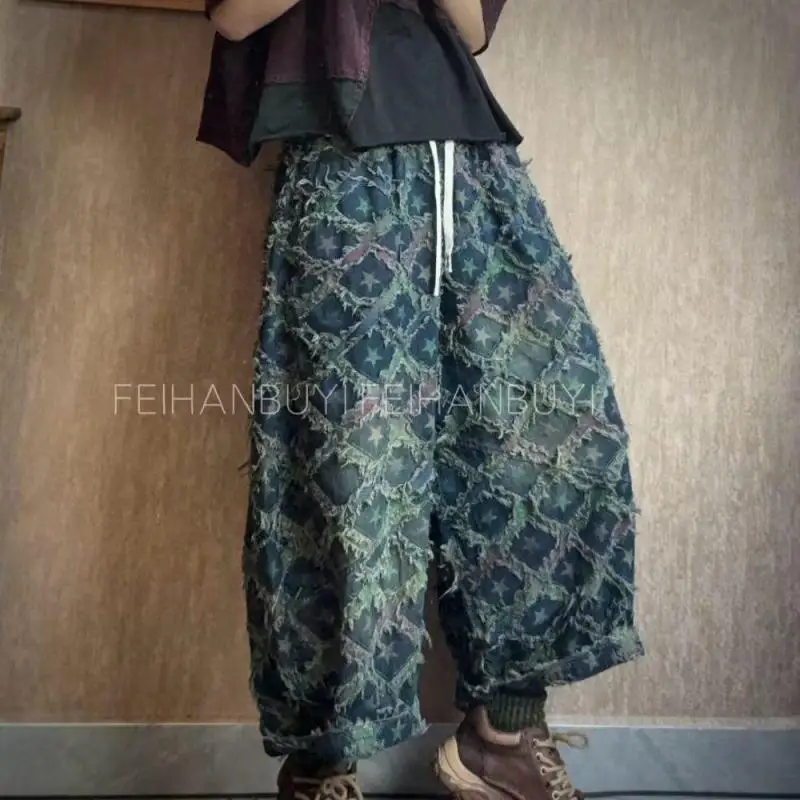 New Arrival Spring Summer Arts Style Women  Elastic Waist Loose Cotton Denim Pants Vintage Plaid Calf-length Pants High Quality
