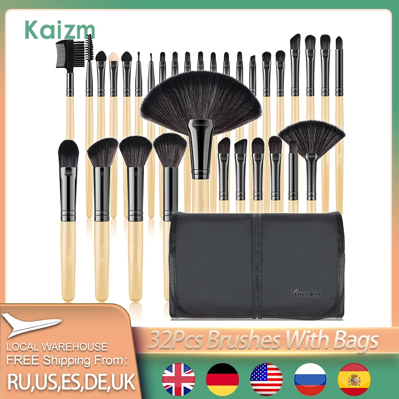 Kaizm 32pcs Natural Hair Makeup Brushes Set Cosmetic Foundation Powder Eyeshadow Eyebrow Premium Wooden Make Up Brush Tools Kits