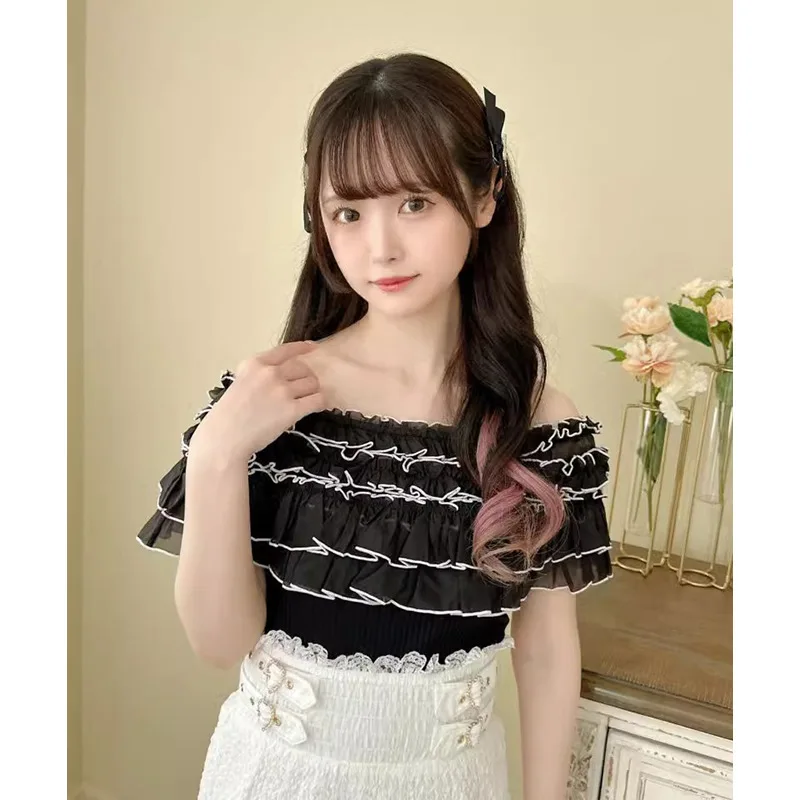 

Korejepo 2025 Spring Summer Y2K Japanese Cross Border One Shoulder Lotus Leaf Edge Folded Short Slim Fit Blouse Top