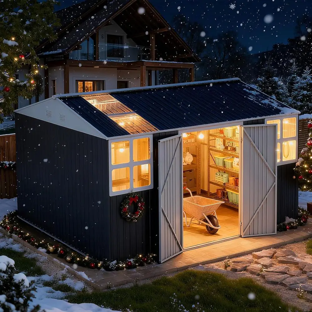 

Прочный металлический навес размером 12x10 футов — устойчивый к атмосферным воздействиям наружный шкаф для хранения вещей с двойными дверями, прозрачными крышами и окнами