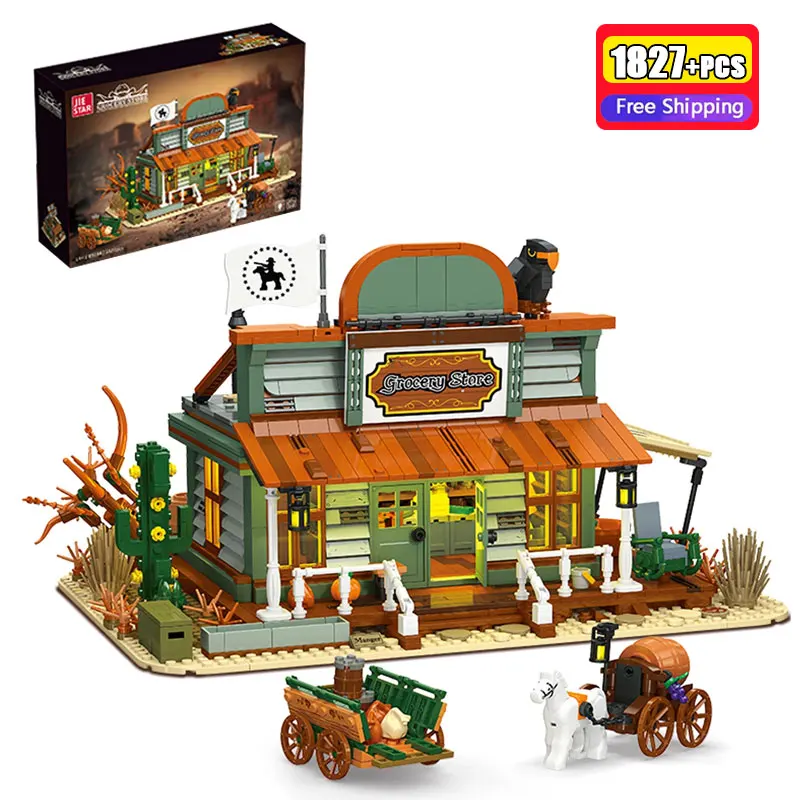 1827PCS MOC DIY Western Grocery Store Building Block Kit With Light-Up Part Street Scene Model Bricks Toy Christmas Gift Set New