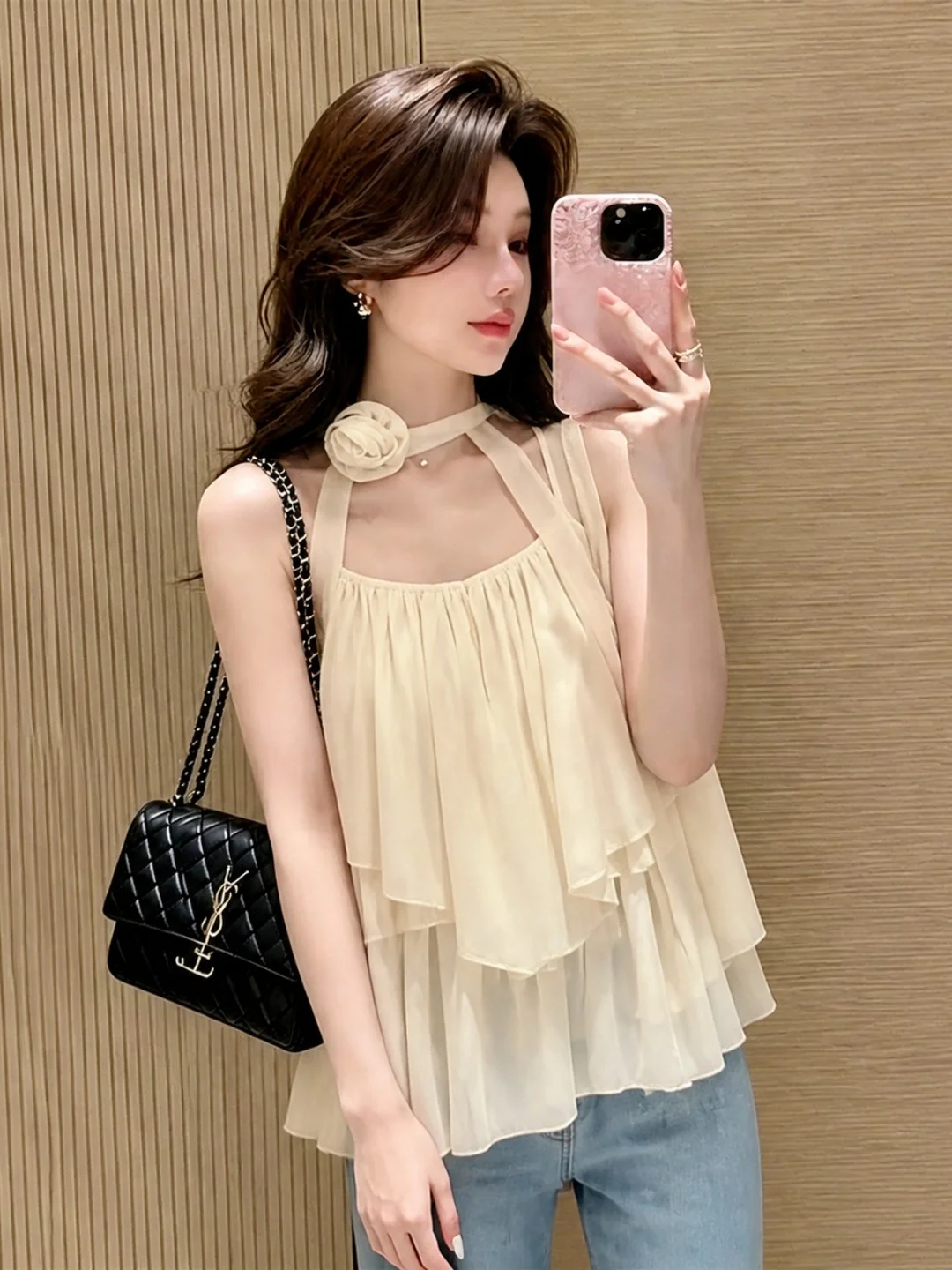 

Korean Style Floral Sash Vest Sleeveless Fashionable Versatile Summer 2026 Poetic Lin Silk Top Straight Cut Regular Length