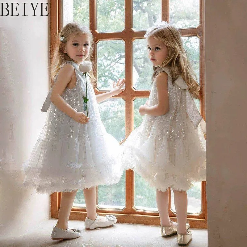 

Doll Collar Girls Summer Dress Lapel Sequined Mesh Birthday Party Princess Dress Children Gauze Sleeveless Sweet Dress