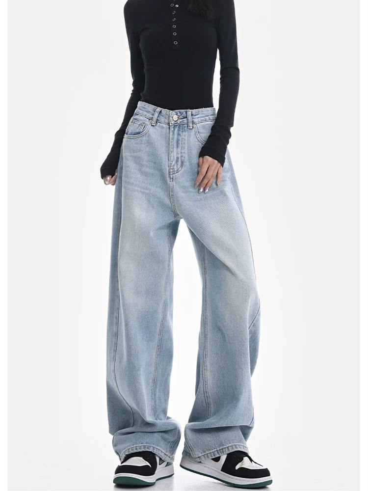 

Summer Women's Light Blue Wide Legs Denim Pants Street Style Regular Trousers Cool Girl Bottoms Female High Waist Baggy Jeans