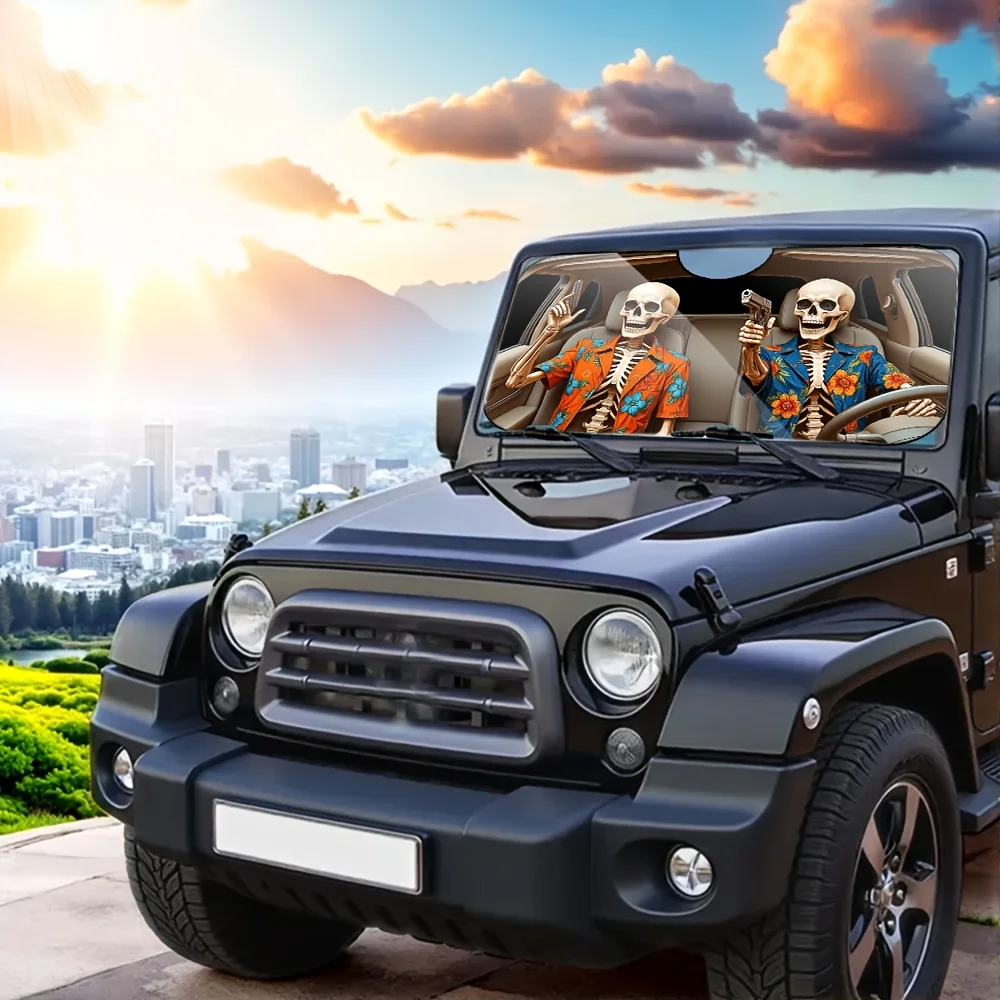 1pc, Skeleton Gangster Car Art Print Windshield Sunshade for Car, Stylish and Practical Interior Accessory