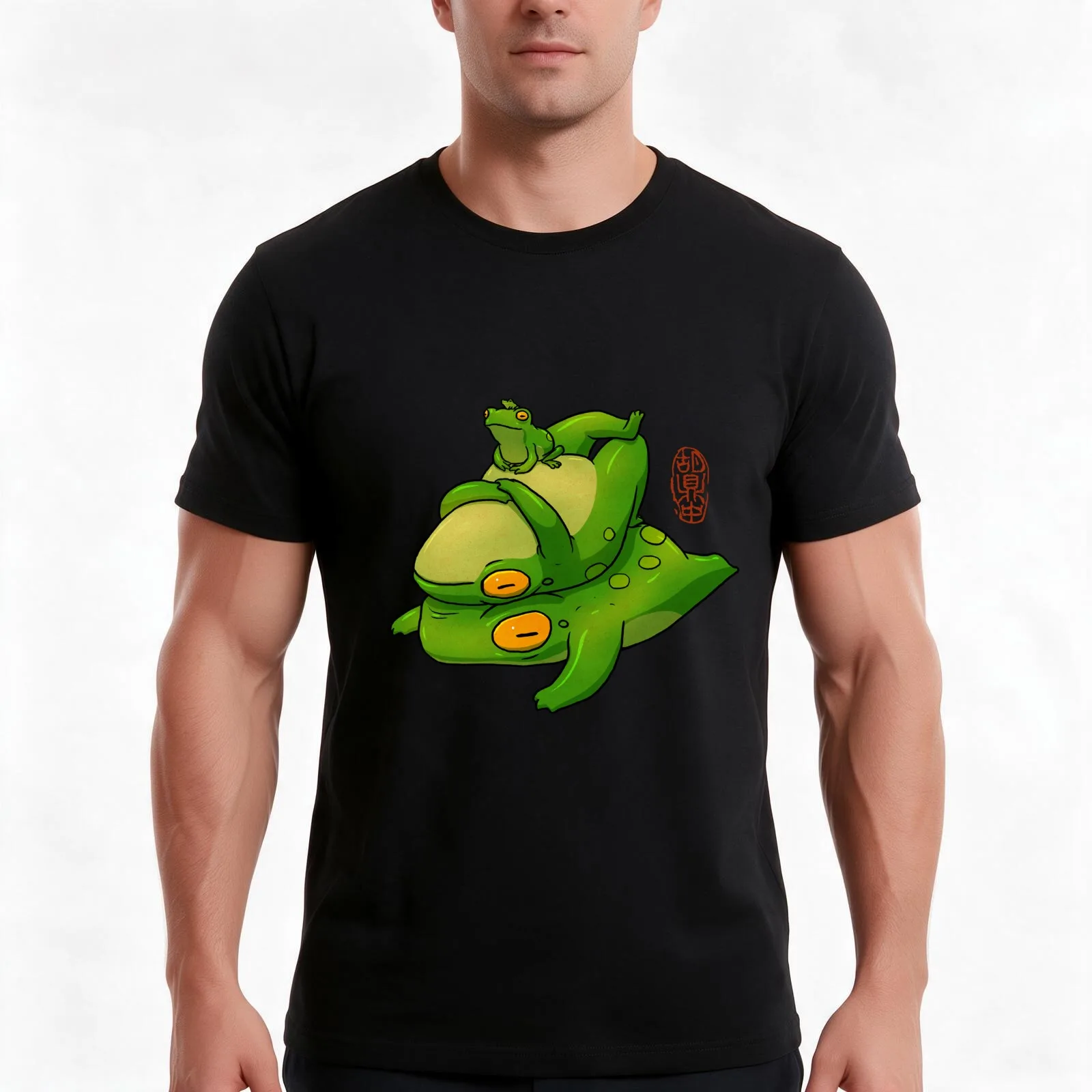 cute frog stack family T-Shirt, Summer Casual Cotton Tee, Oversized Streetwear Tops, Vintage Graphic Print, Unisex Men Women