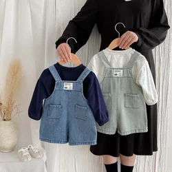 Kids Spring/Summer Clothes Girls Vintage Shorts Boys Solid Color Patch Denim Overall Children Thin Style Loose Jumpsuit 1-5Y