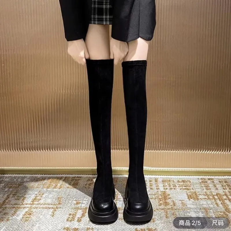 Botas de mujer por encima de la rodilla con plataforma, tacón grueso, aspecto de ante elástico, botas largas negras con punta cuadrada, hasta el muslo, para otoño e invierno