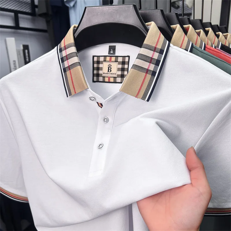 Luxury brand short sleeve polo shirt men's summer new silk cotton breathable fashion top casual business plaid lapel T-shirt image 2