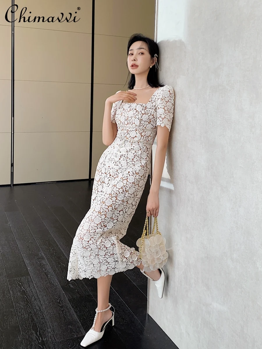 2024 Spring Summer New High-End Fashion Sexy Square-Neck Lace Elegant Dress Slimming Annual Meeting Holiday Women's Pencil Dress