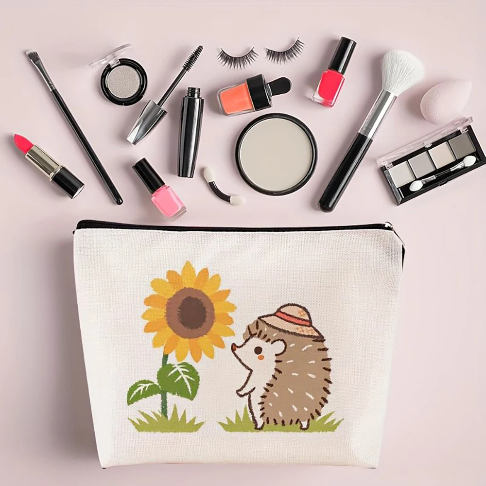 1pc Cute Hedgehog Sunflower Cosmetic Bag, Portable Travel Makeup Pouch Toiletry Organizer For Women Girls Daily Use