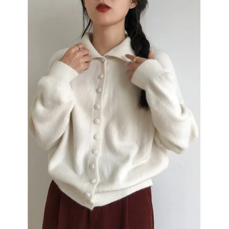 Korean High Neck Multi-color Fashionable Versatile Casual Single Breasted Lapel Long Sleeved Knitted Sweater Autumn Winter New