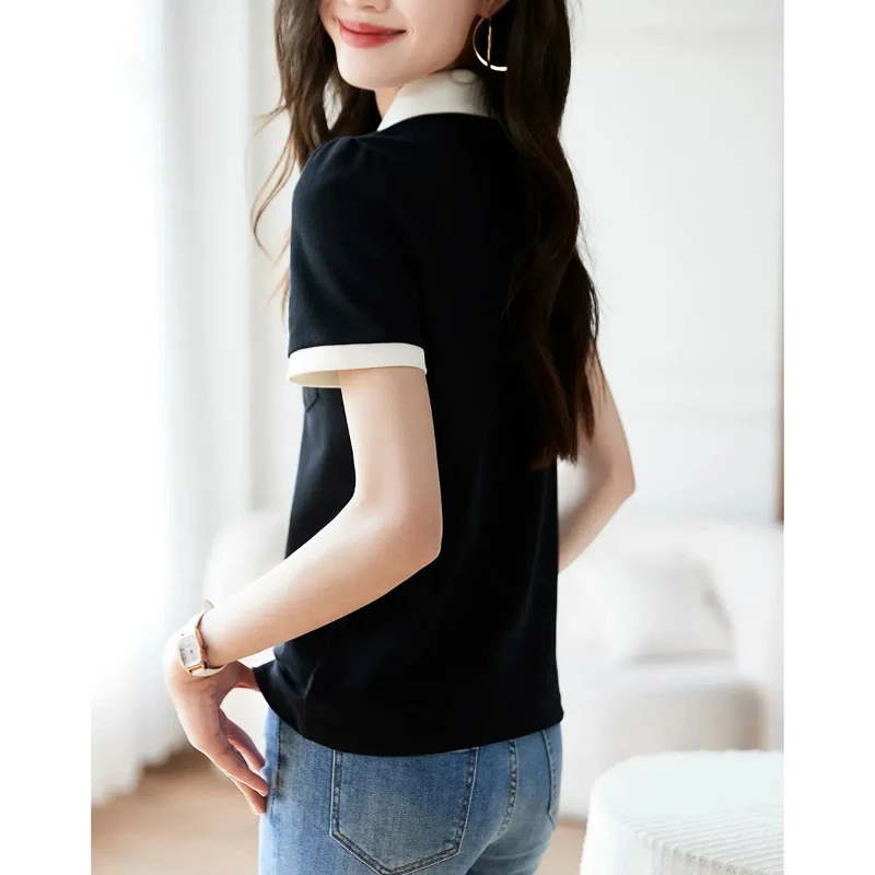 Women\'s Clothing Summer Short Sleeve Pullover Turn-down Collar Button Bow Rivet Contrast Color T-shirt Fashion Casual Tops