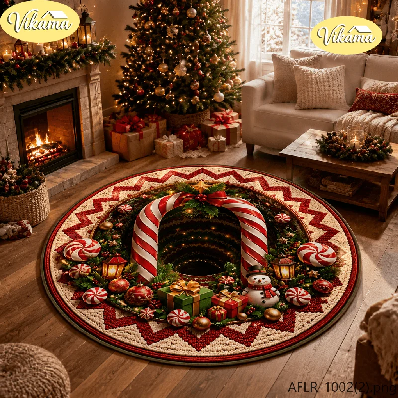 VIKAMA 3D Christmas Reindeer Round Rug Flannel Non Slip Circular Carpet Holly Berry Pattern Living Room Bedroom Floor Mat Xmas