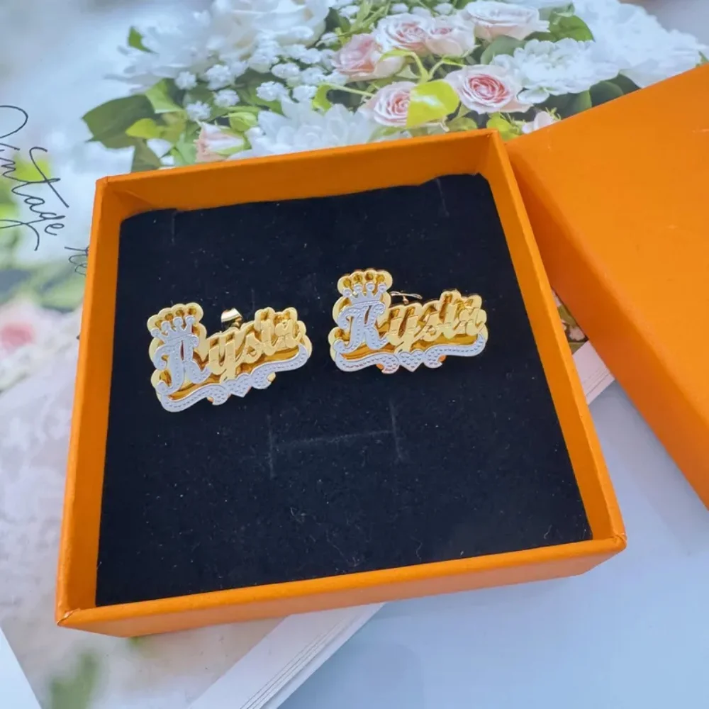 

LeeChee Crown Two Tone Personalized Name Stainless Steel Earstuds Jewelry Chunky Birthday GIft