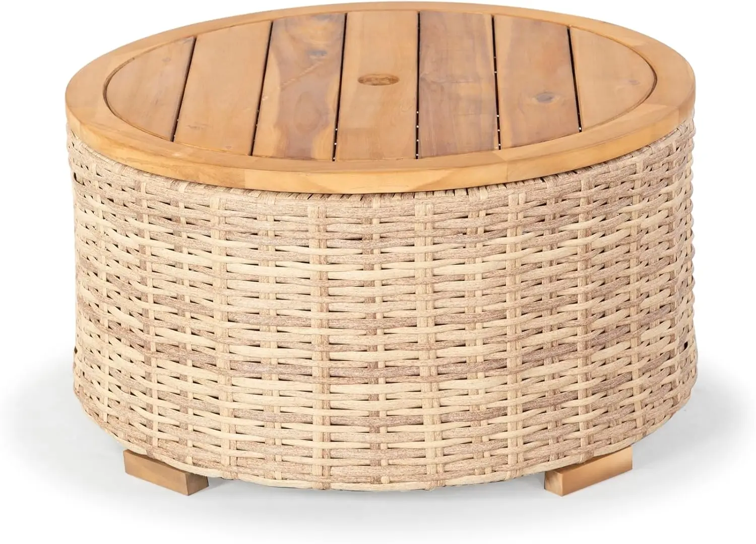 Round Wicker Coffee Table Solid Wood And Aluminum Frame Coastal Woven Design Table For Patio Deck Porch Backyard Outdoor Natural