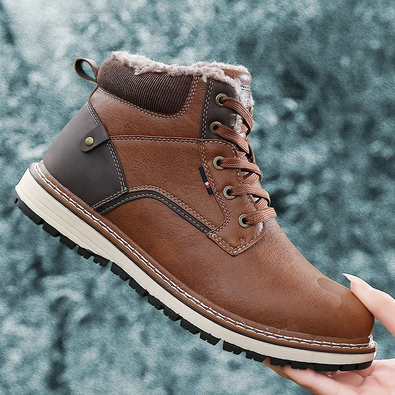 

Winter Genuine Leather Men's Boots Thick Fur Warm Ankle Boots Working Men Footwear Waterproof Snow Boots Plus Size 40~47