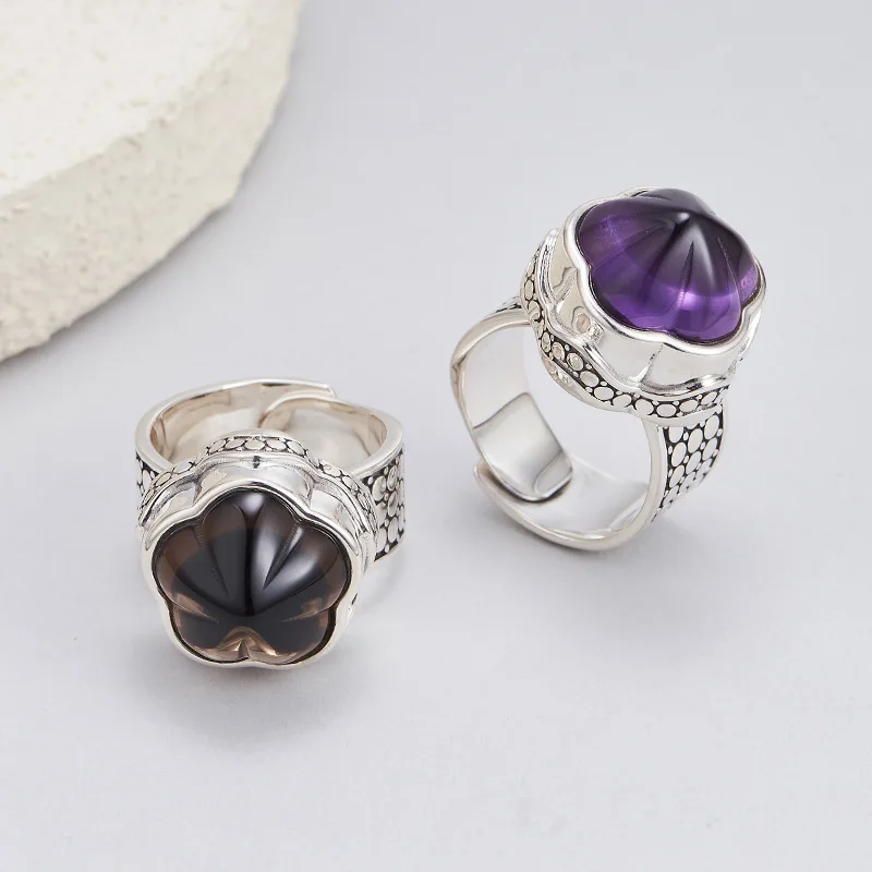 

S925 Sterling Silver Wide Rings for Women Men Rivet Pattern Plum Blossom Shaped Natural Amethyst Smoky Quartz Jewelry Wholesale