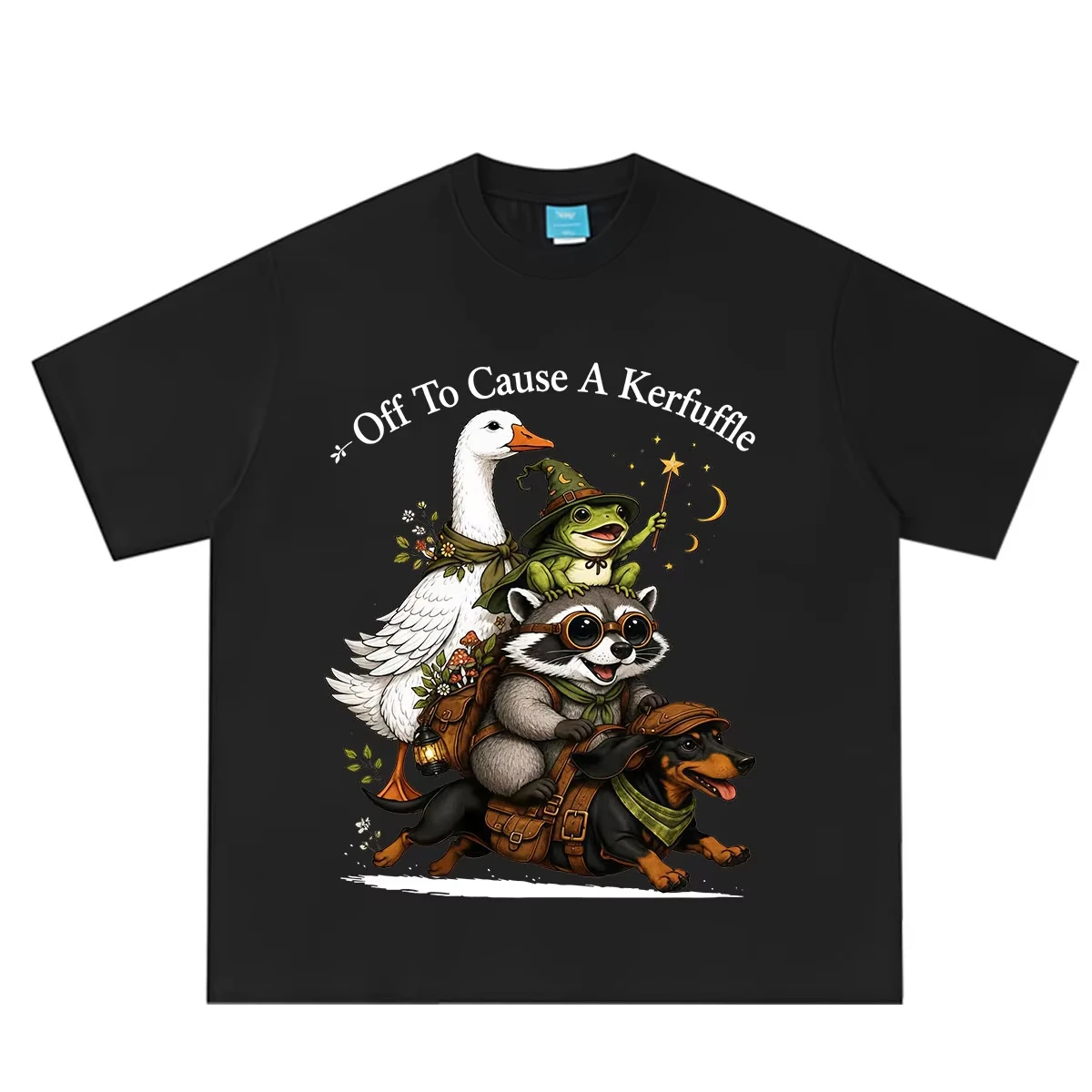 Off To Cause A Kerfuffle Frog Raccoon Goose Riding Dachshund T Shirt Men Women Vintage T-shirt Casual Loose Cotton T-shirts Tops
