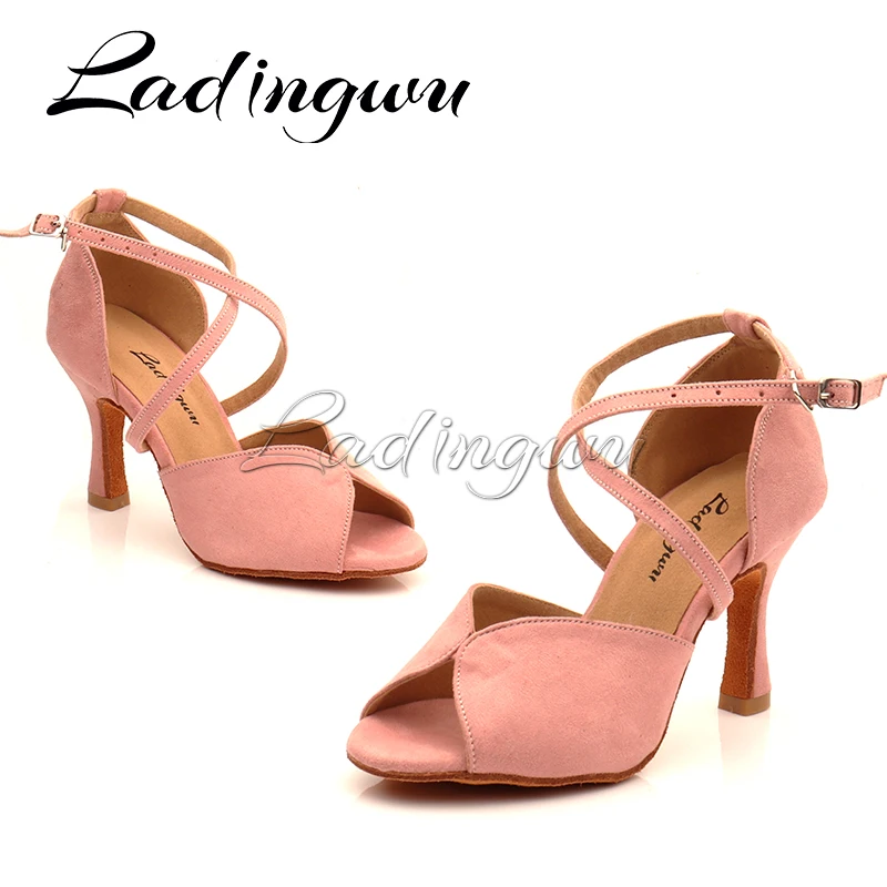 Ladingwu Hot Women Dance Shoes Latin Ballroom Dance Shoes Ladys Girls Salsa Dance Shoes Pink Suede Simple Style